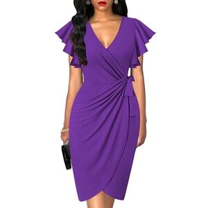 oten | Deep V Neck Ruffle Sleeve Faux Wrap Dress